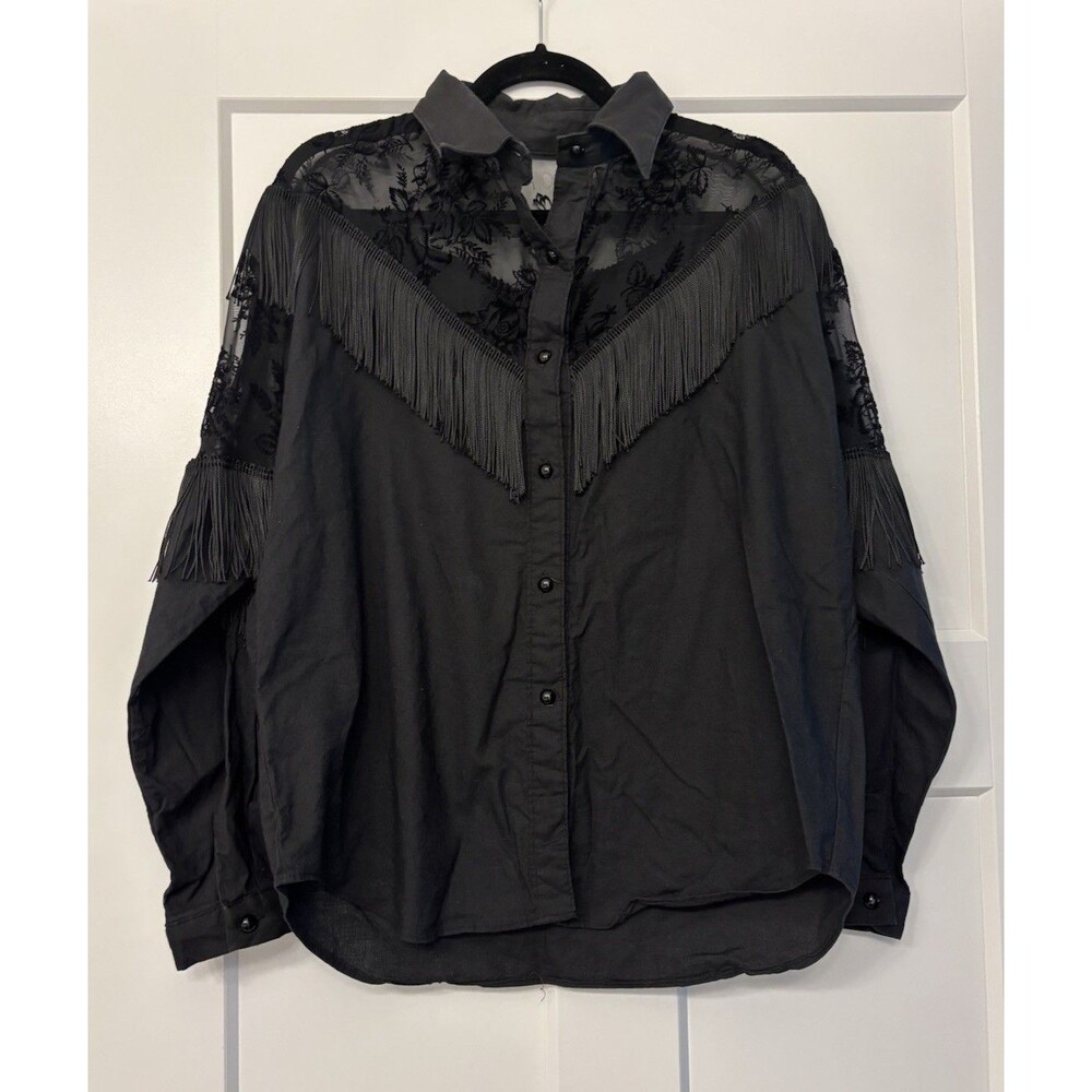 Vintage Sassa Black Cotton Fringe Long Sleeve Shirt Rodeo Western Cowboy Top Lg